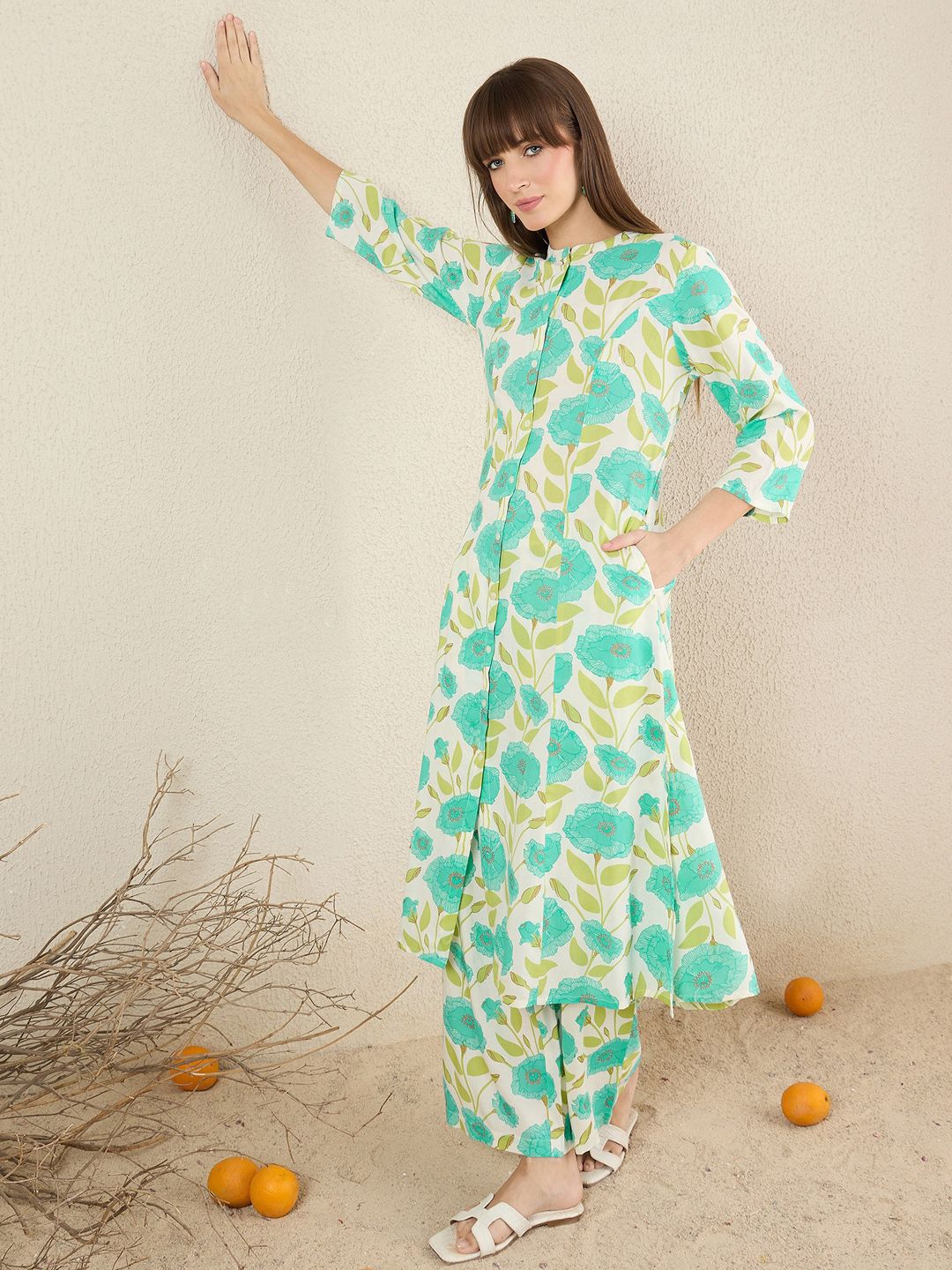 Floral Printed Mandarin Collar A-Line Kurta With Palazzos