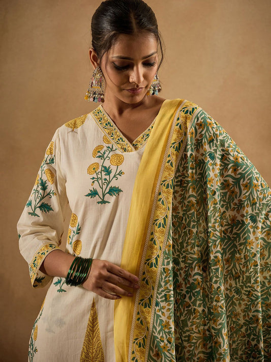 Floral Printed V-Neck Pure Cotton Straight Kurta With Trousers & Dupatta
