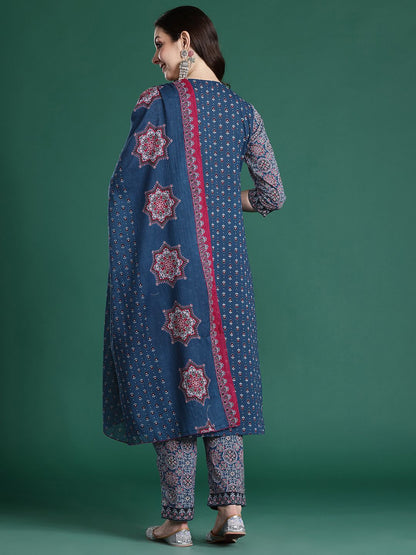 Ethnic Motifs Printed Mirror Work Pure Cotton Kurta with Trousers & With Dupatta