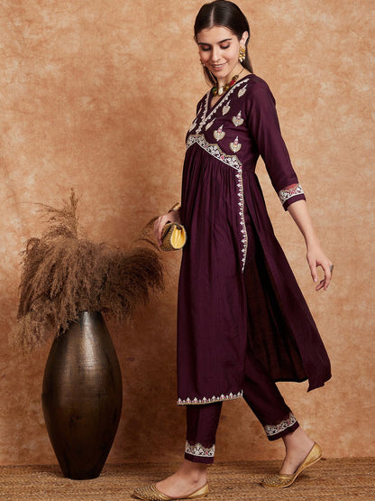 Dhiyona SN Women's Alia Cut Ethnic Motifs Embroidered A-Line Kurta With Trouser