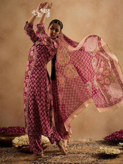 Floral Printed Angrakha Pure Cotton A-Line Kurta With Trouser & Dupatta