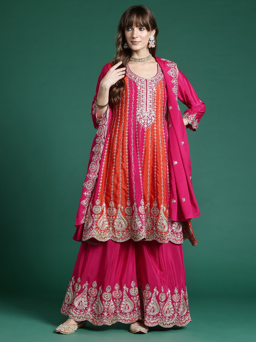 Dhiyona IE Ethnic Motifs Embroidered Regular Sequinned Kurta with Palazzos & Dupatta