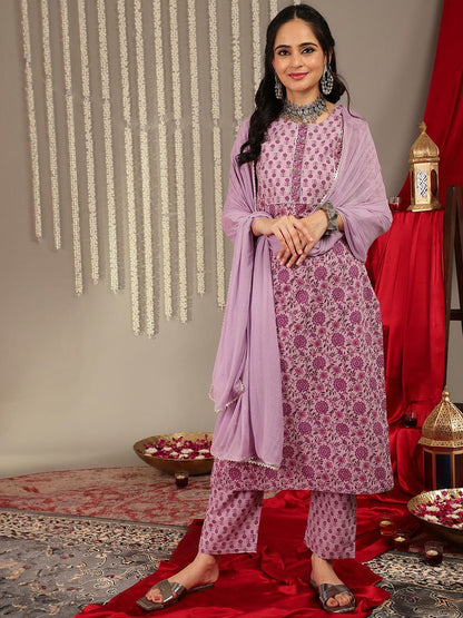 Dhiyona VA Women'sFloral Printed Regular Gotta Patti Pure Cotton Kurta With Trousers & Dupatta