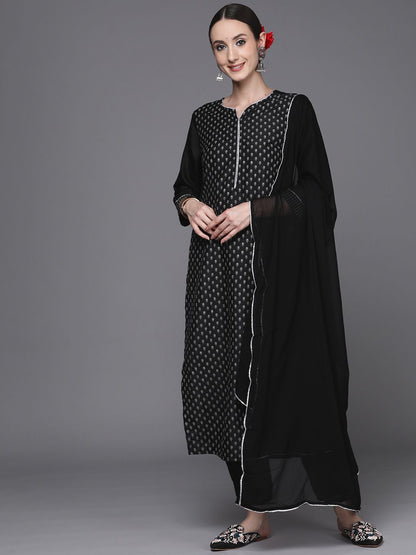 Women Black Floral Printed Kurta with Trousers & With Dupatta