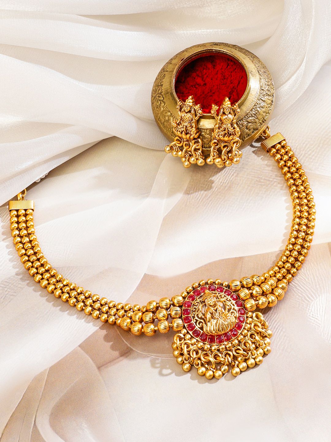 Dhiyona RJ Women's 22K Gold Plated Ruby Studded Gold Beaded Goddess Laxmi Motif Temple Jewellery Set