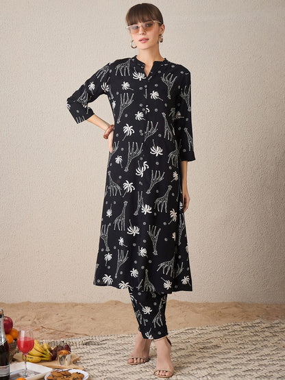 Quirky Printed Mandarin Collar A-Line Kurta With Trousers