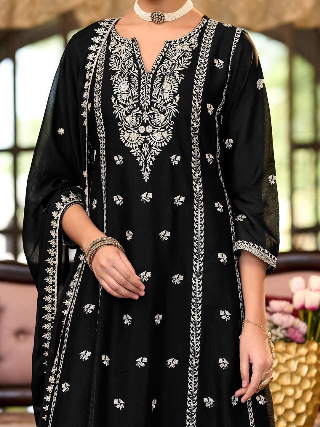 Dhiyona IE Women Ethnic Motifs Embroidered Regular Sequinned Kurta with Trousers & With Dupatta