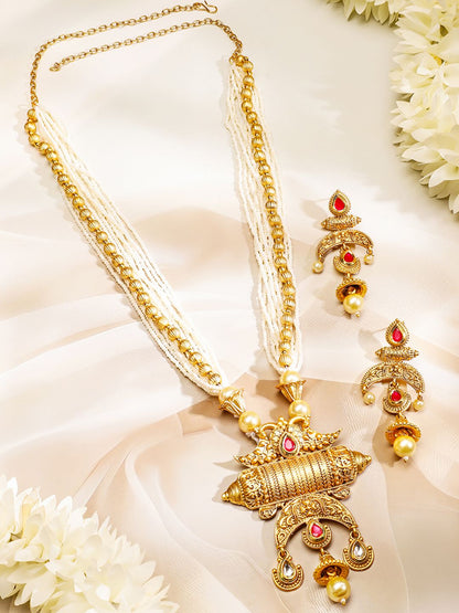 Dhiyona RJ Women's 18K Gold-Plated Red & White Stones Faux Pearl Multistarnd Temple Jewellery Set