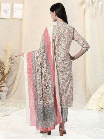 Dhiyona KL Women Plus Size Cream Ethnic Pure Cotton Kurta with Trousers & Dupatta