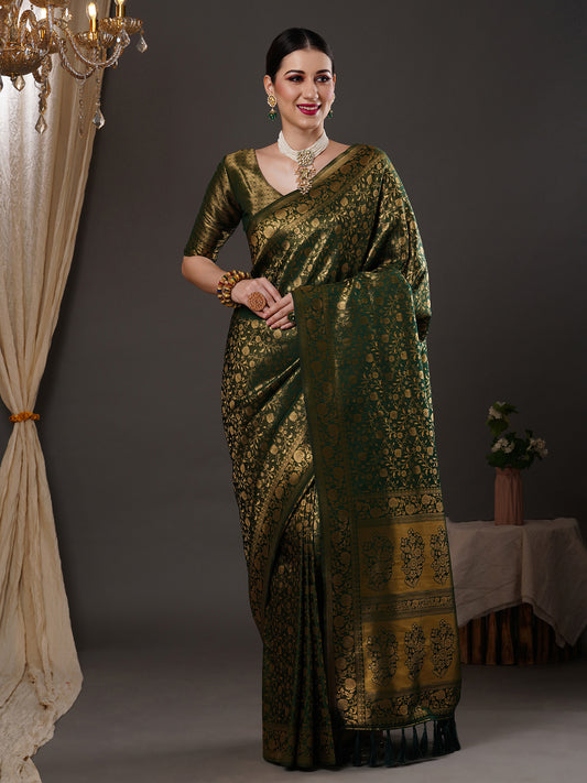 Women's Silk Blend Green Woven Design Designer Saree With Blouse Piece