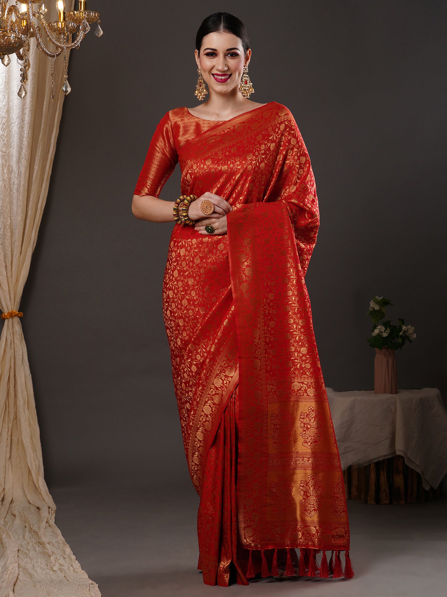 Women's Silk Blend Red Woven Design Designer Saree With Blouse Piece