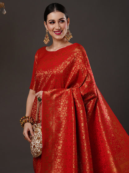 Women's Silk Blend Red Woven Design Designer Saree With Blouse Piece