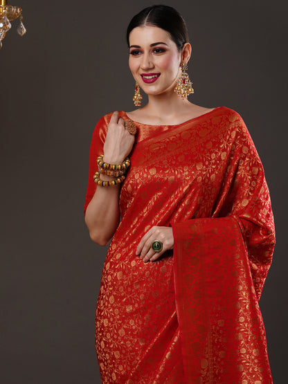 Women's Silk Blend Red Woven Design Designer Saree With Blouse Piece
