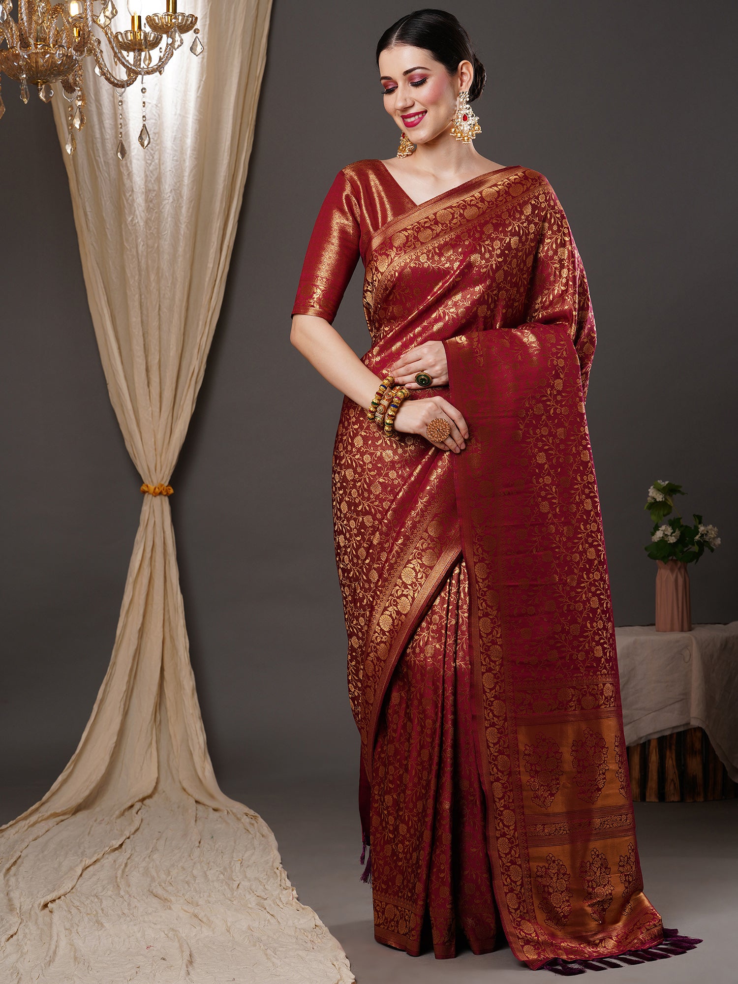 Women's Silk Blend Burgundy Woven Design Designer Saree With Blouse Piece