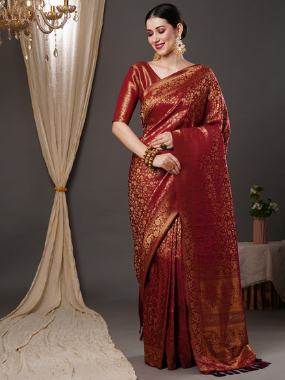 Women's Silk Blend Burgundy Woven Design Designer Saree With Blouse Piece
