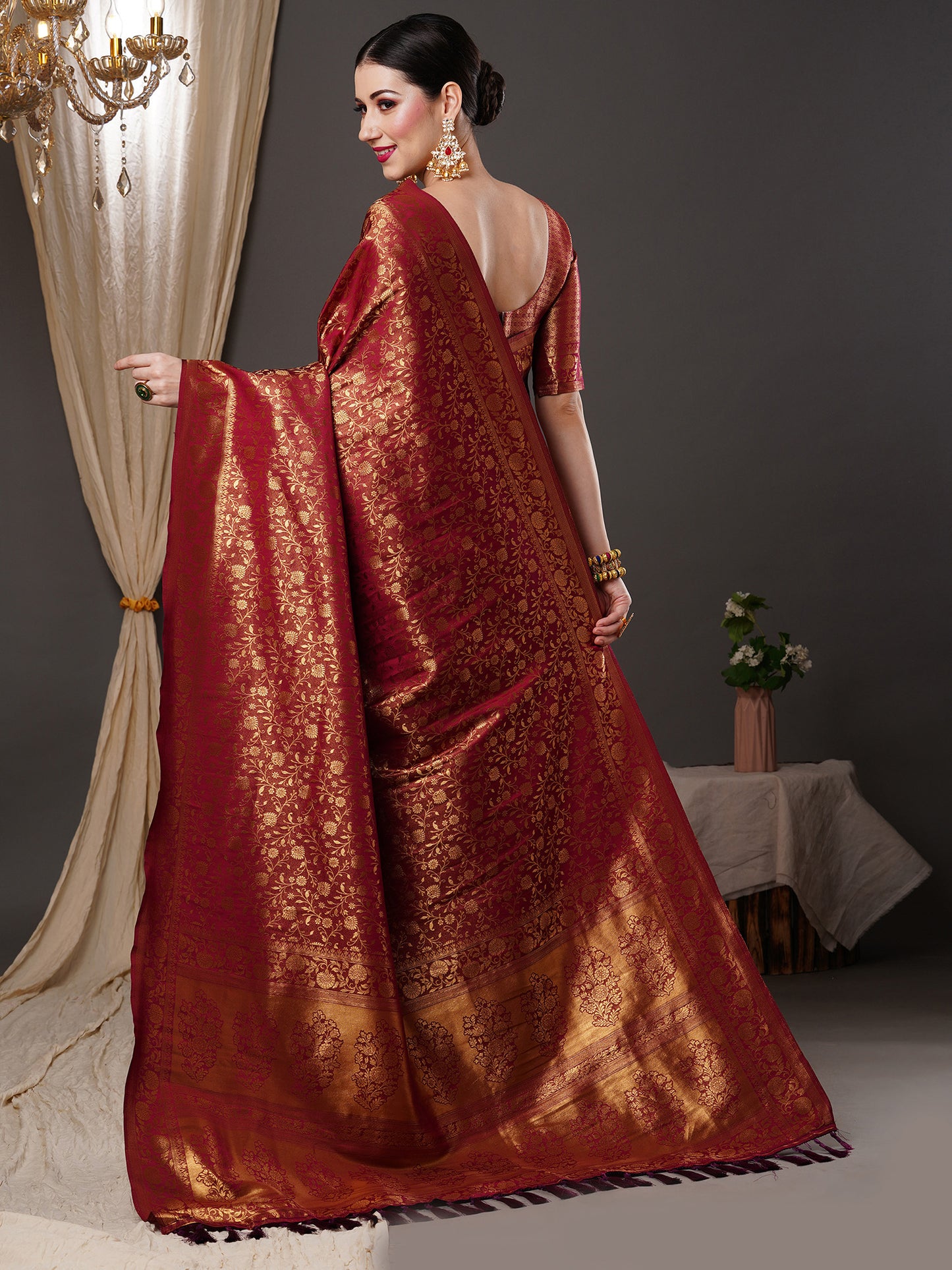 Women's Silk Blend Burgundy Woven Design Designer Saree With Blouse Piece