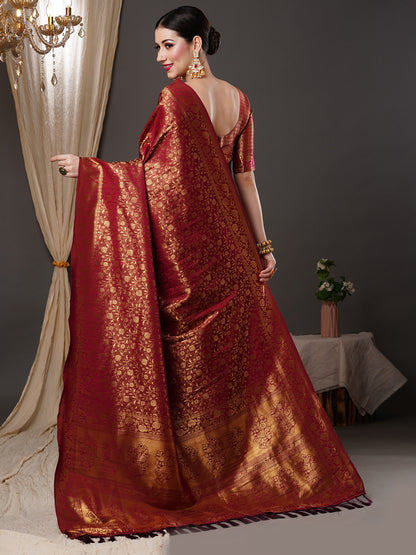 Women's Silk Blend Burgundy Woven Design Designer Saree With Blouse Piece