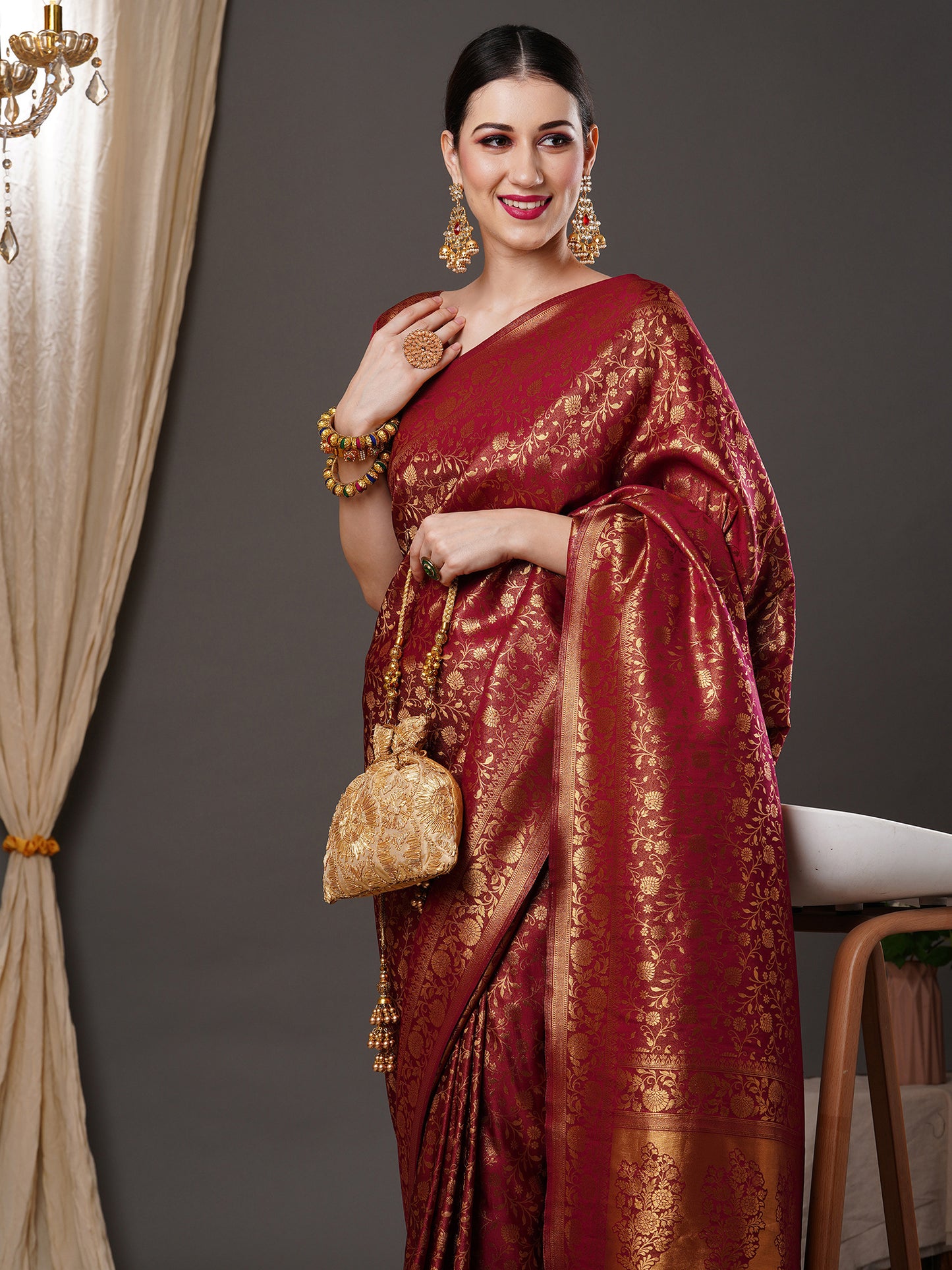 Women's Silk Blend Burgundy Woven Design Designer Saree With Blouse Piece