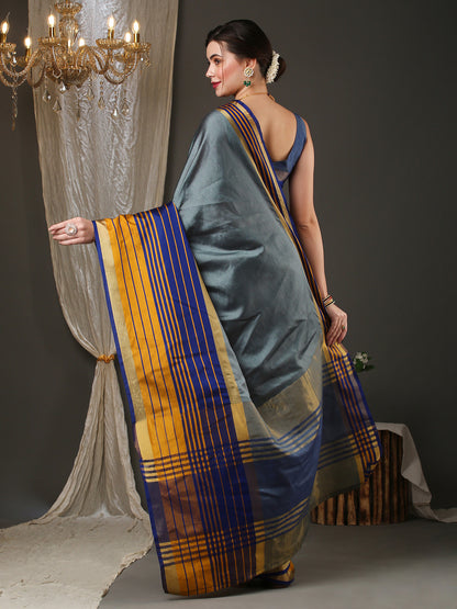 Women's Aura Silk Grey Woven Design Designer Saree With Blouse Piece