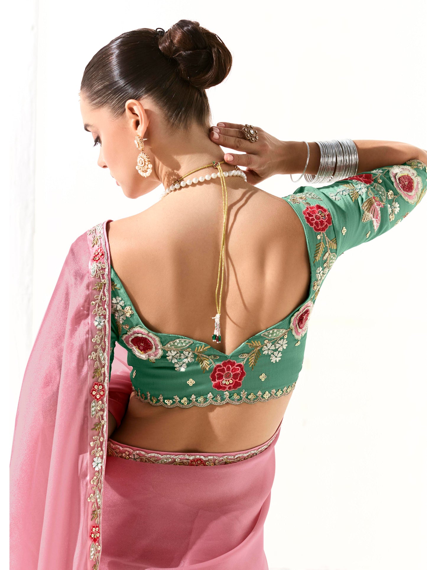 Dhiyona KM Women Pink Silk Organza Saree With Green Blouse