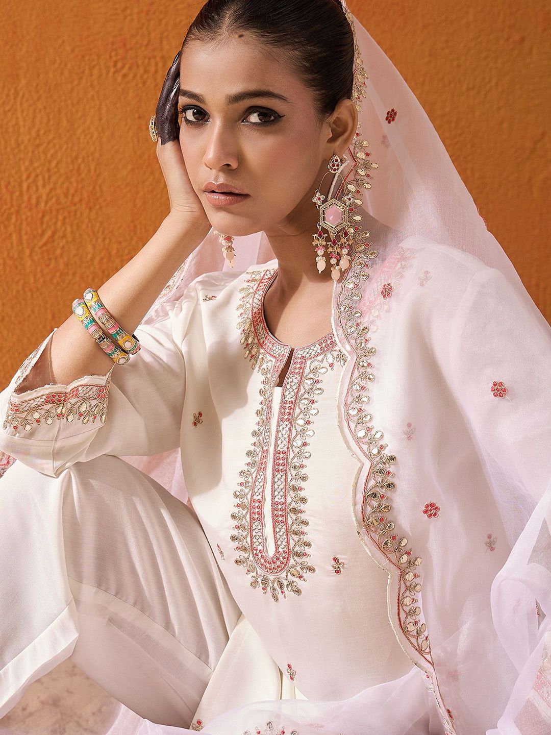 White and Pink Ethnic Motifs Embroidered Gotta Patti Kurta with Trouser & Dupatta