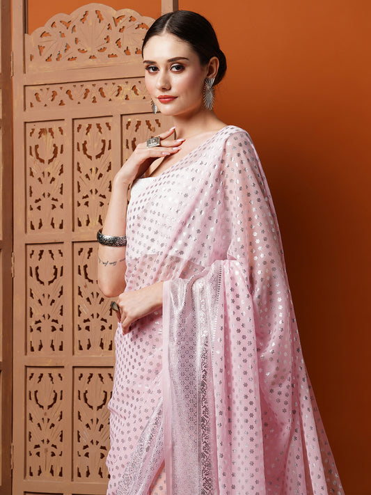 Women's Georgette Pink Printed Designer Saree With Blouse Piece