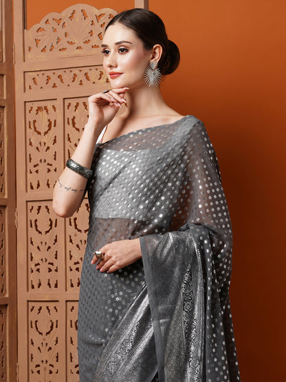 Women's Georgette Grey Printed Designer Saree With Blouse Piece