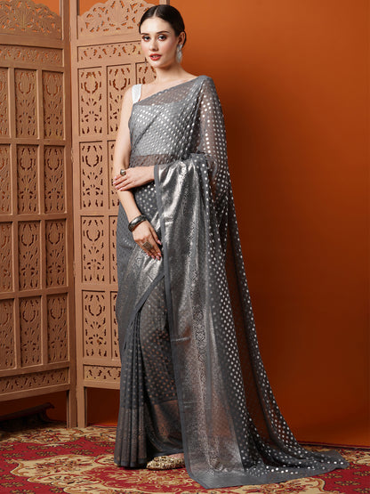 Women's Georgette Grey Printed Designer Saree With Blouse Piece