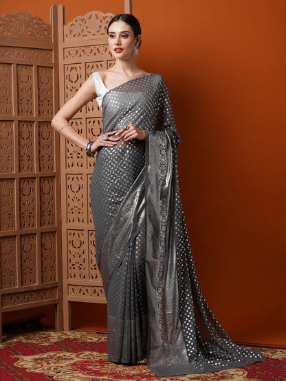 Women's Georgette Grey Printed Designer Saree With Blouse Piece