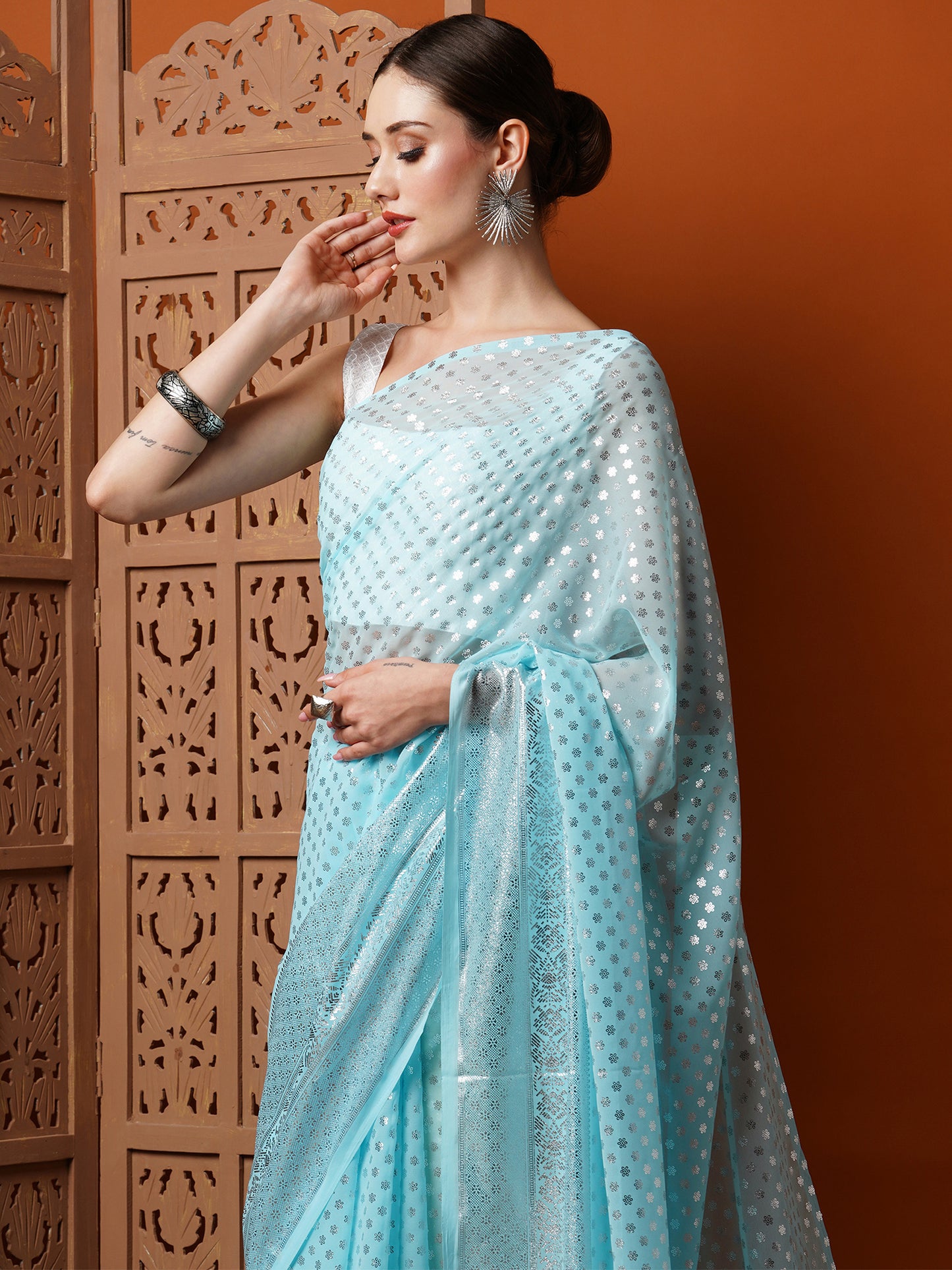 Women's Georgette Light Blue Printed Designer Saree With Blouse Piece