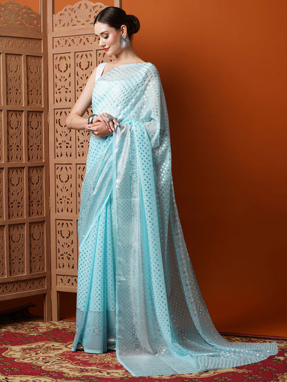 Women's Georgette Light Blue Printed Designer Saree With Blouse Piece
