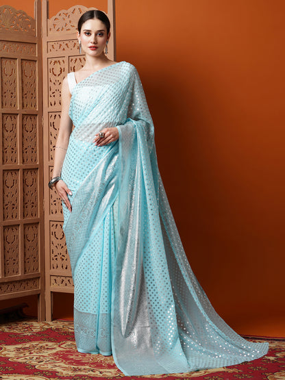 Women's Georgette Light Blue Printed Designer Saree With Blouse Piece