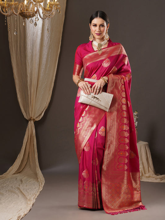 Women's Silk Blend Pink Woven Design Designer Saree With Blouse Piece