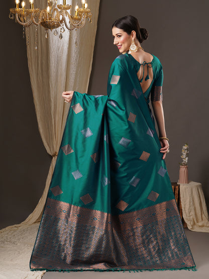 Women's Silk Blend Teal blue Woven Design Designer Saree With Blouse Piece