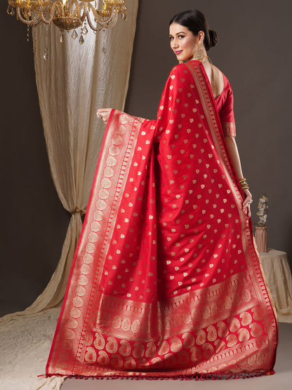 Women's Silk Blend Red Woven Design Designer Saree With Blouse Piece