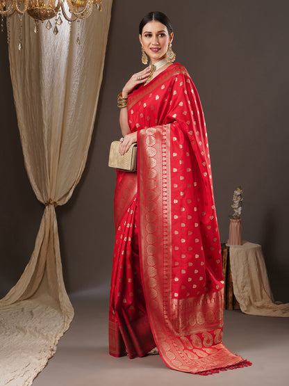 Women's Silk Blend Red Woven Design Designer Saree With Blouse Piece