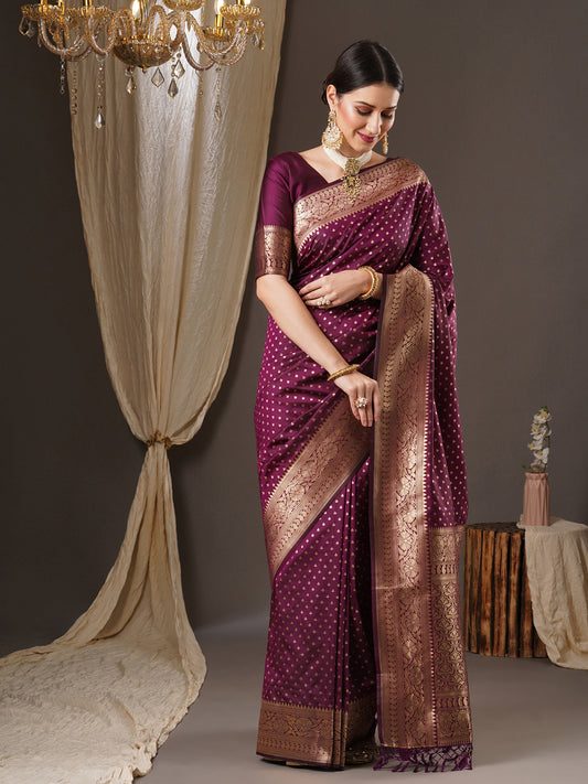 Women's Silk Blend Magenta Woven Design Designer Saree With Blouse Piece