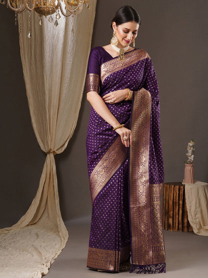 Women's Silk Blend Purple Woven Design Designer Saree With Blouse Piece