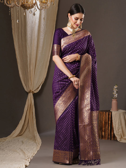 Women's Silk Blend Purple Woven Design Designer Saree With Blouse Piece