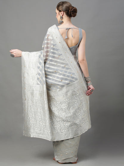 Women's Cotton Silk Grey Woven Design Woven saree With Blouse Piece