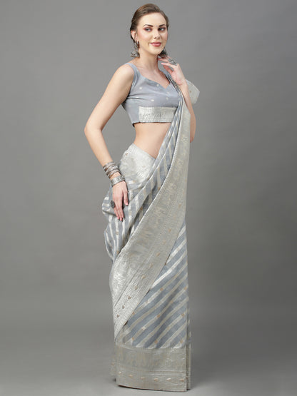 Women's Cotton Silk Grey Woven Design Woven saree With Blouse Piece
