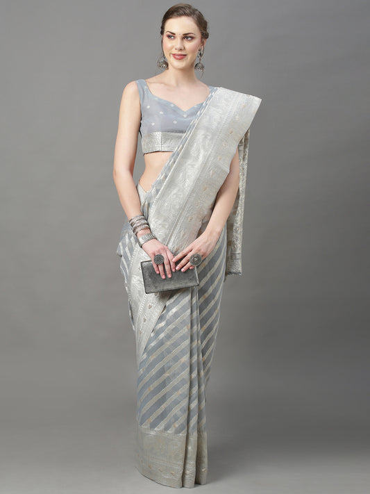 Women's Cotton Silk Grey Woven Design Woven saree With Blouse Piece