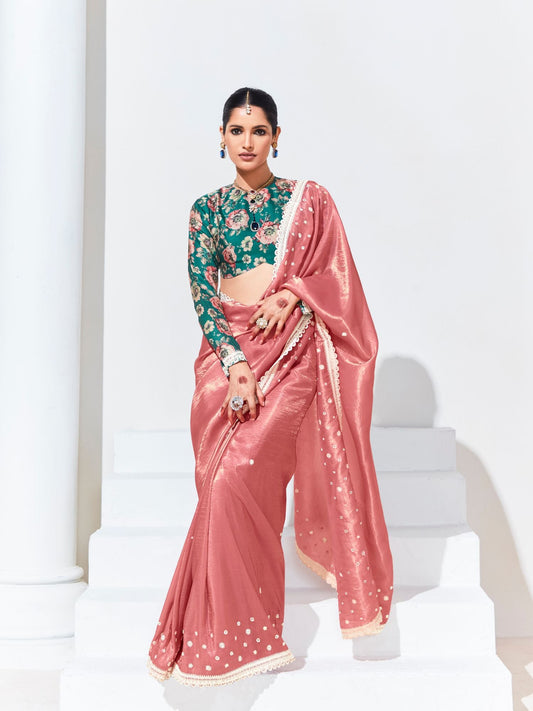 Dhiyona KM Women Pink Saree With Green Floral Blouse “ A Graceful Ethnic Ensemble