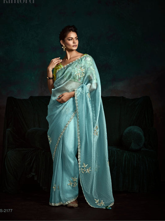 Dhiyona KM Women Ice Blue Designer Organza Saree- A Vision Of Tranquil Beauty