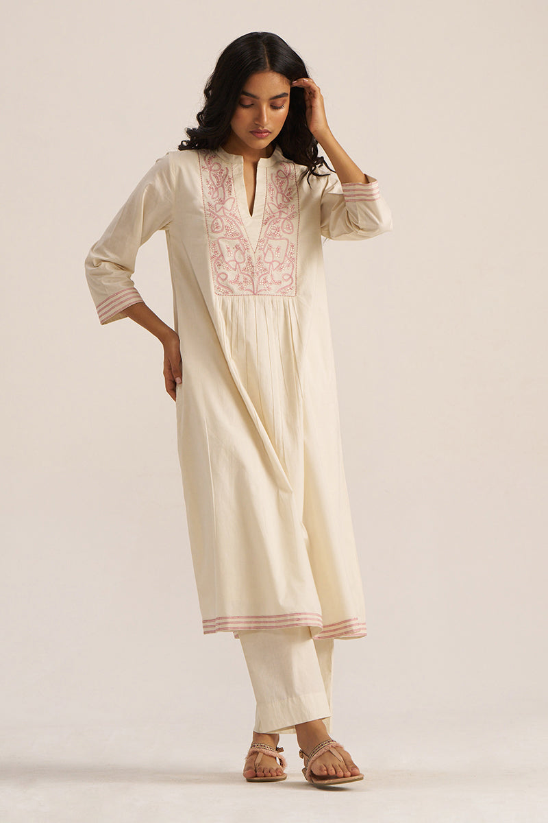 Women's Ivory and Pink Embroidered Cotton Co-ord Set