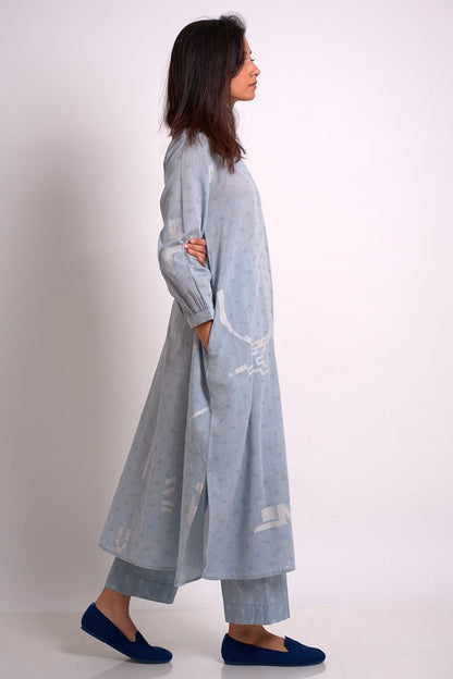 Women's Powder Blue Woven Kurta With Printed Cotton Bottom