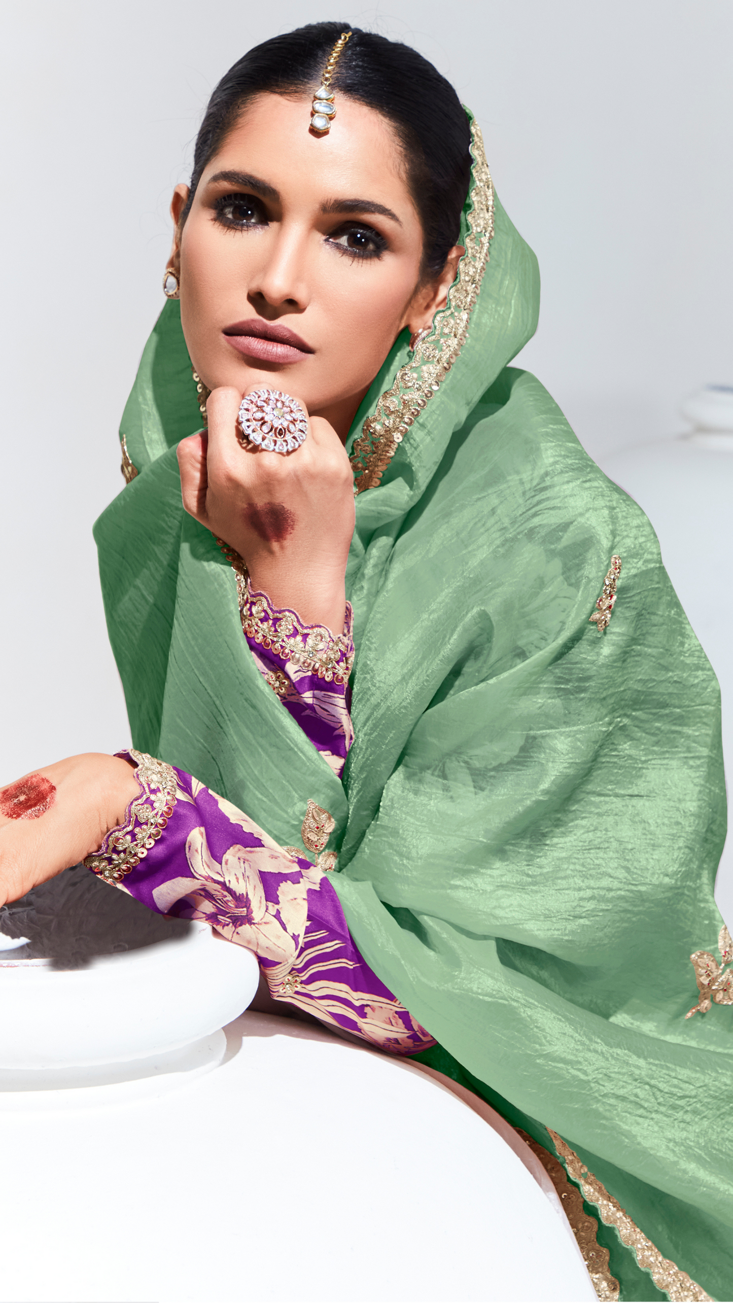 Dhiyona KM Women Sea Green Pure Tissue Silk Saree With Crushed Finish & Royal Purple Blouse