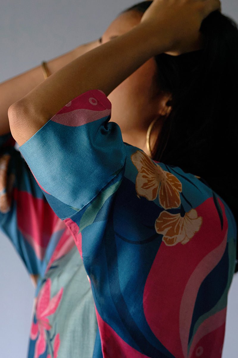Women's Midnight Blue, Pink and Pistachio Mix Colour Bemberg Silk Printed Co-ord Set