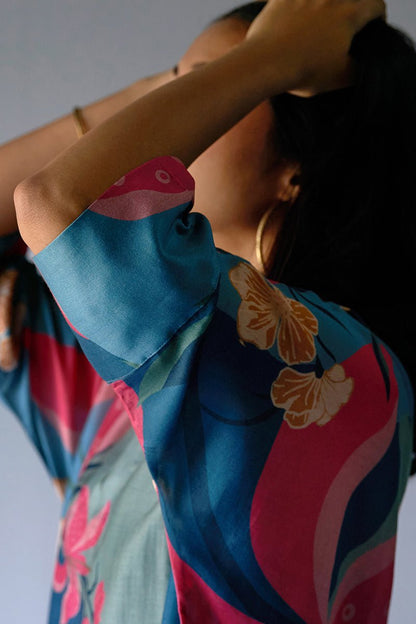 Women's Midnight Blue, Pink and Pistachio Mix Colour Bemberg Silk Printed Co-ord Set