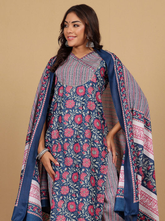 Dhiyona VA Women'sFloral Printed V-Neck Gotta Patti Kurta With Trousers & Dupatta